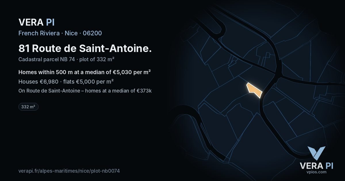 81 Route de Saint-Antoine, Nice at night – the plot lit, the parcels around coloured by the prices near them
