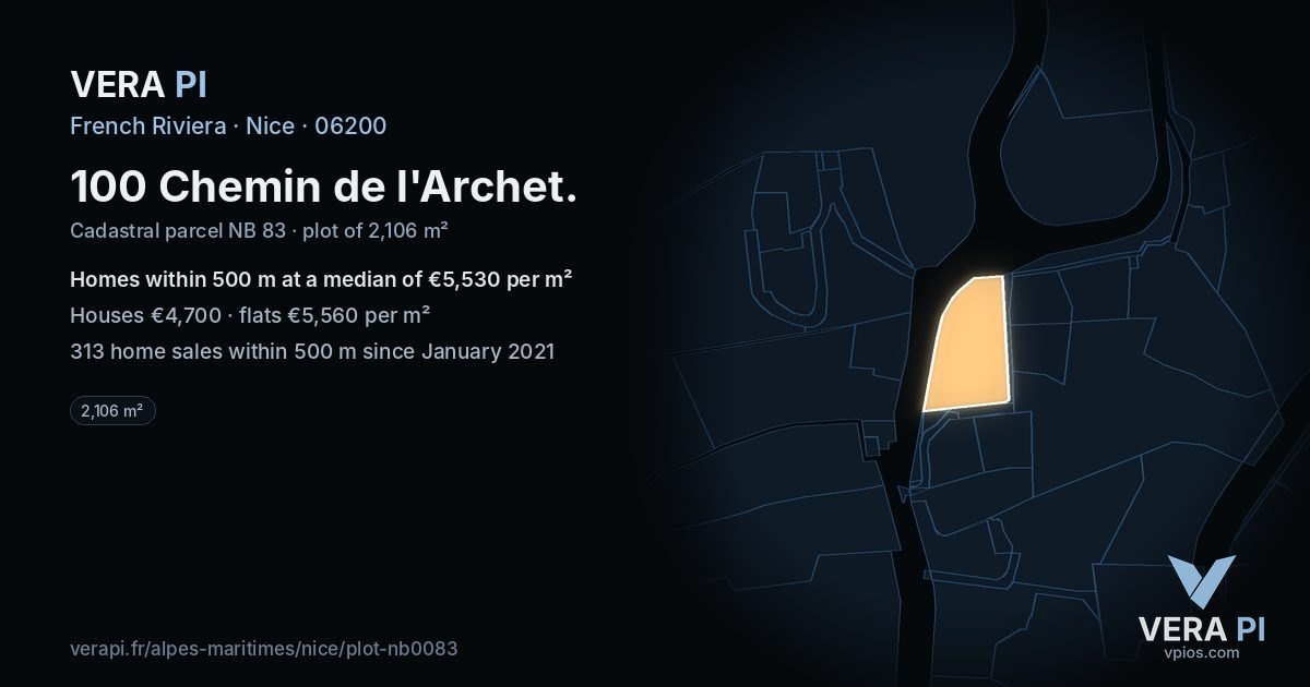 100 Chemin de l'Archet, Nice at night – the plot lit, the parcels around coloured by the prices near them