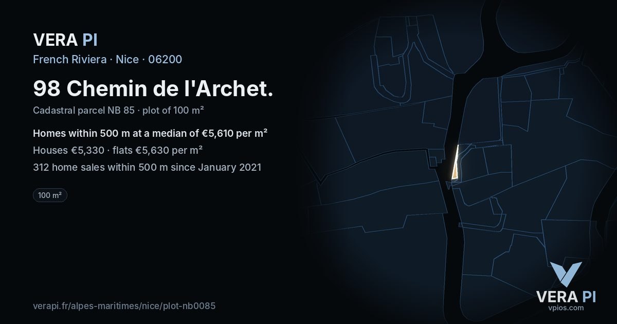 98 Chemin de l'Archet, Nice at night – the plot lit, the parcels around coloured by the prices near them