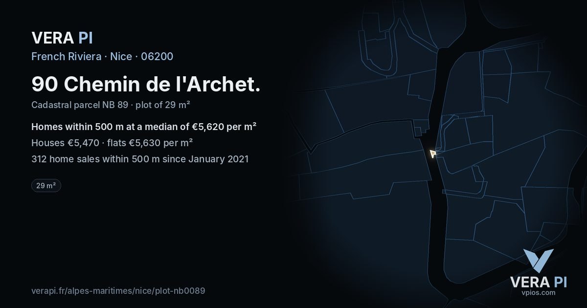 90 Chemin de l'Archet, Nice at night – the plot lit, the parcels around coloured by the prices near them