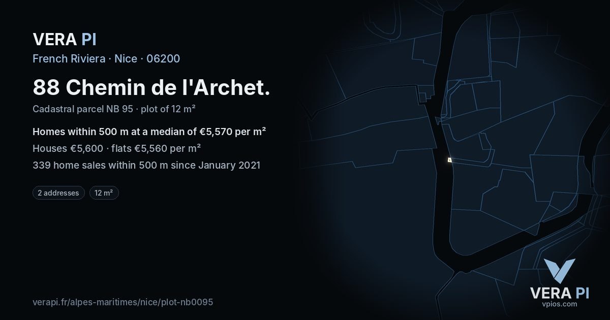 88 Chemin de l'Archet, Nice at night – the plot lit, the parcels around coloured by the prices near them