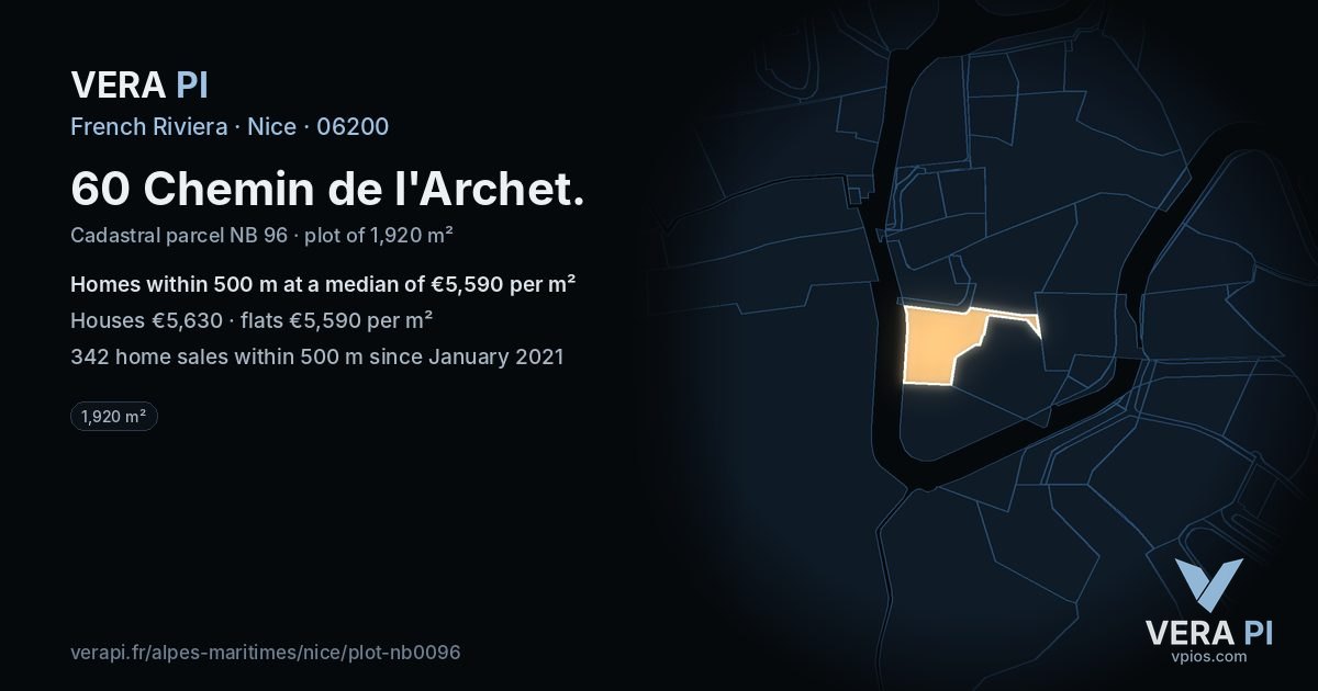 60 Chemin de l'Archet, Nice at night – the plot lit, the parcels around coloured by the prices near them