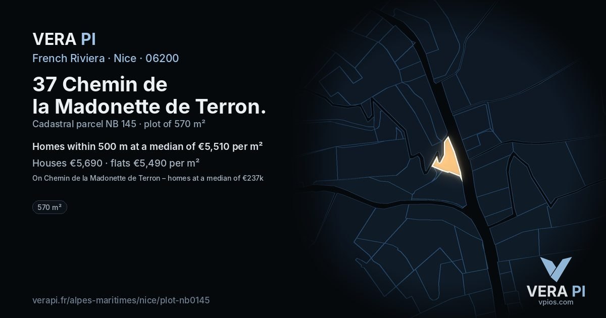 37 Chemin de la Madonette de Terron, Nice at night – the plot lit, the parcels around coloured by the prices near them