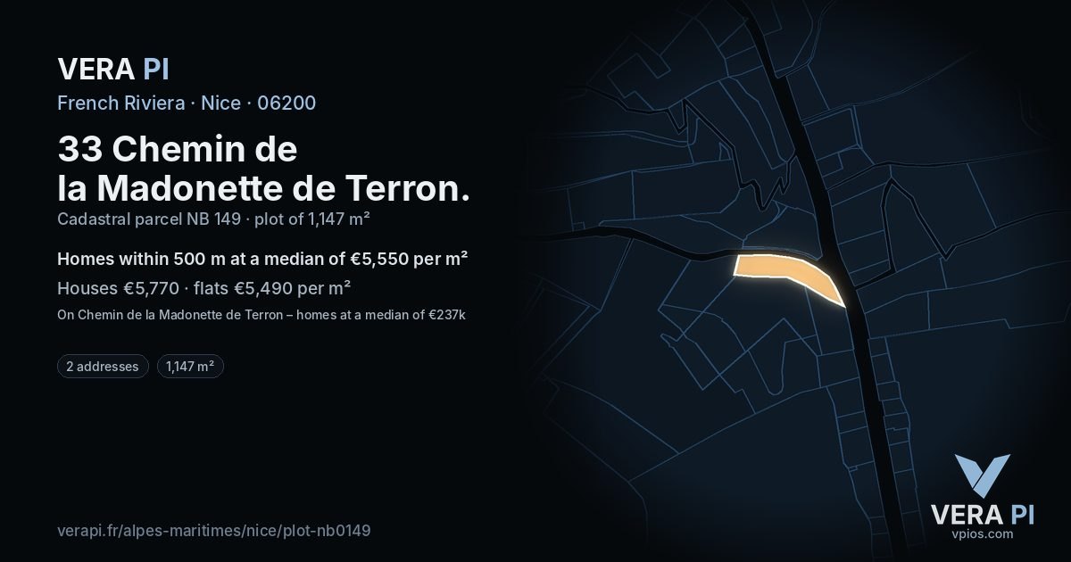 33 Chemin de la Madonette de Terron, Nice at night – the plot lit, the parcels around coloured by the prices near them