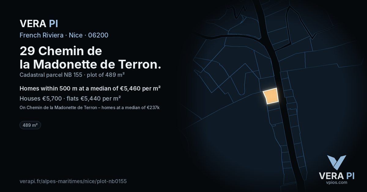 29 Chemin de la Madonette de Terron, Nice at night – the plot lit, the parcels around coloured by the prices near them