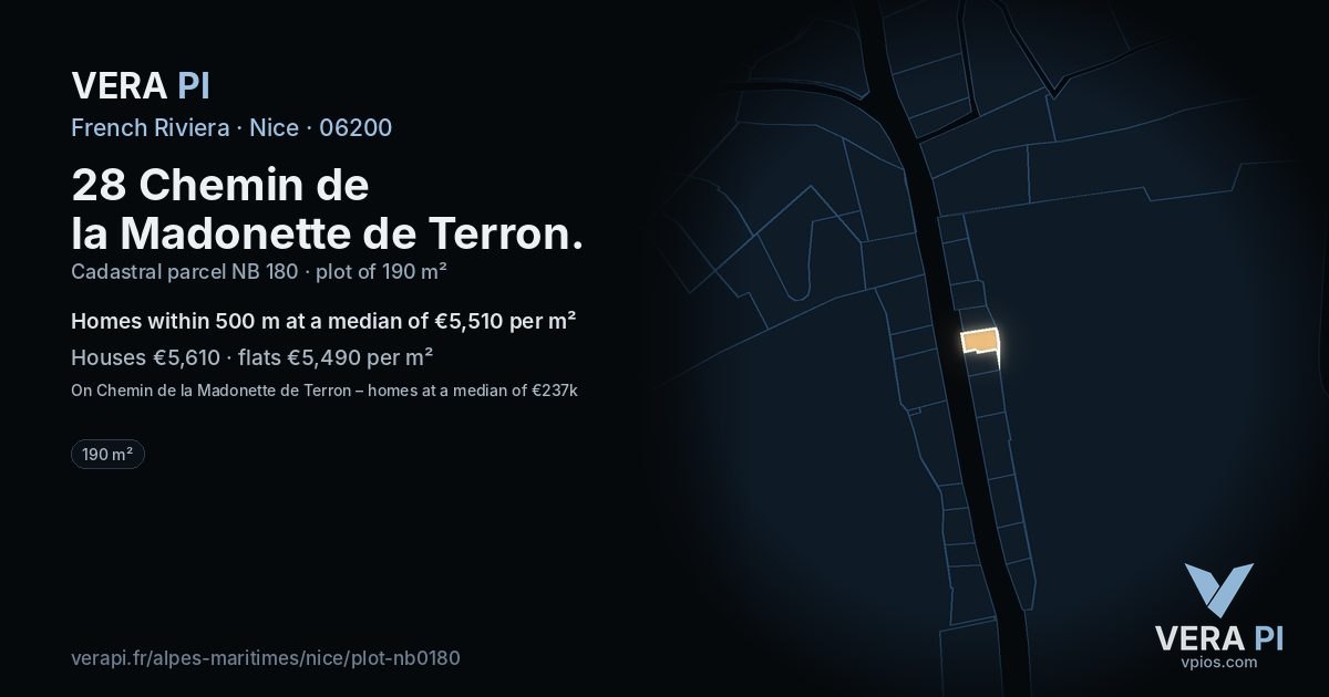 28 Chemin de la Madonette de Terron, Nice at night – the plot lit, the parcels around coloured by the prices near them
