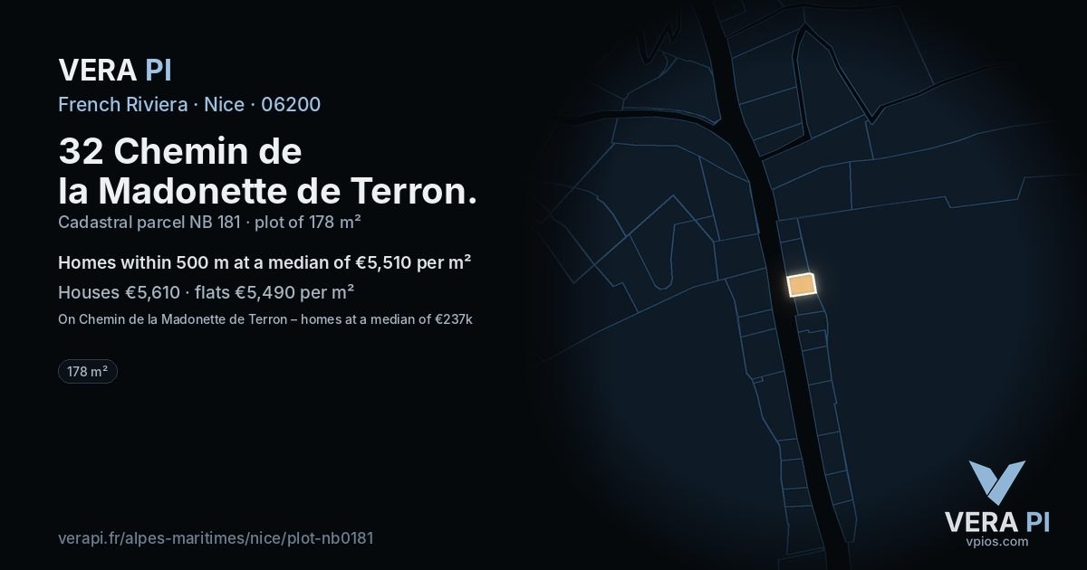 32 Chemin de la Madonette de Terron, Nice at night – the plot lit, the parcels around coloured by the prices near them