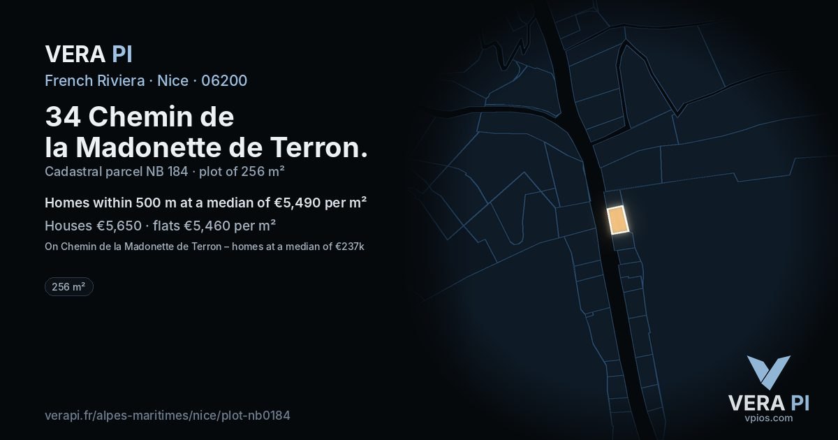 34 Chemin de la Madonette de Terron, Nice at night – the plot lit, the parcels around coloured by the prices near them