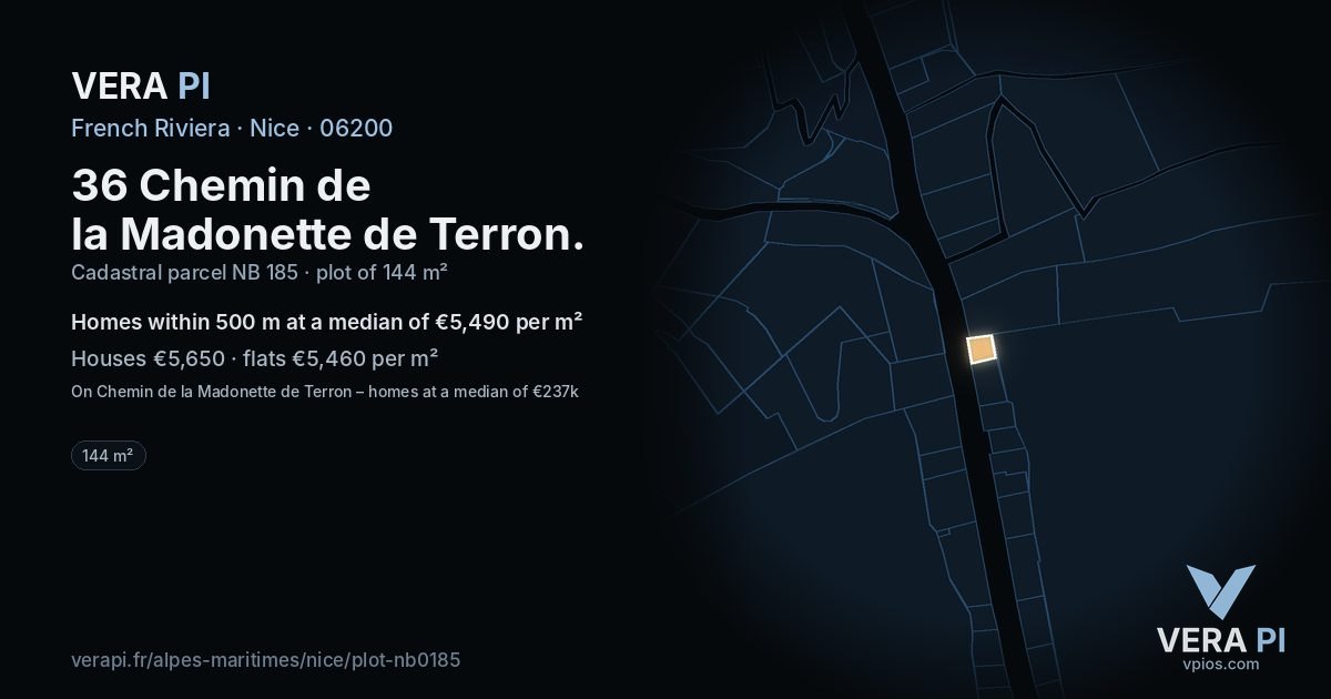 36 Chemin de la Madonette de Terron, Nice at night – the plot lit, the parcels around coloured by the prices near them