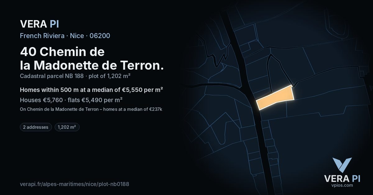 40 Chemin de la Madonette de Terron, Nice at night – the plot lit, the parcels around coloured by the prices near them