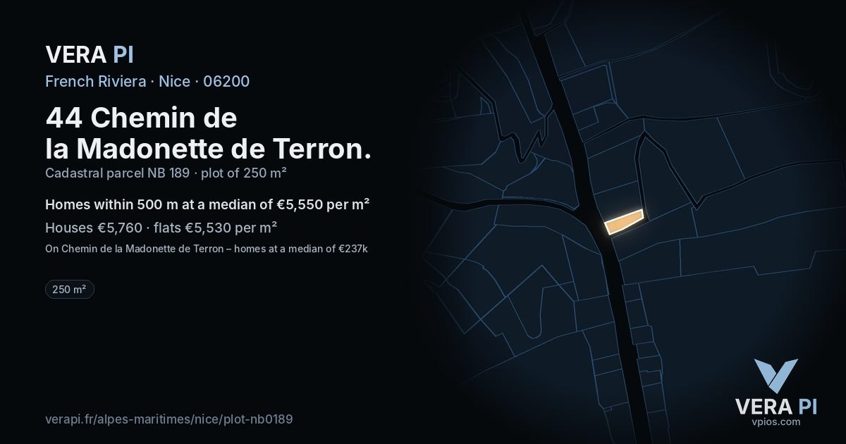 44 Chemin de la Madonette de Terron, Nice at night – the plot lit, the parcels around coloured by the prices near them