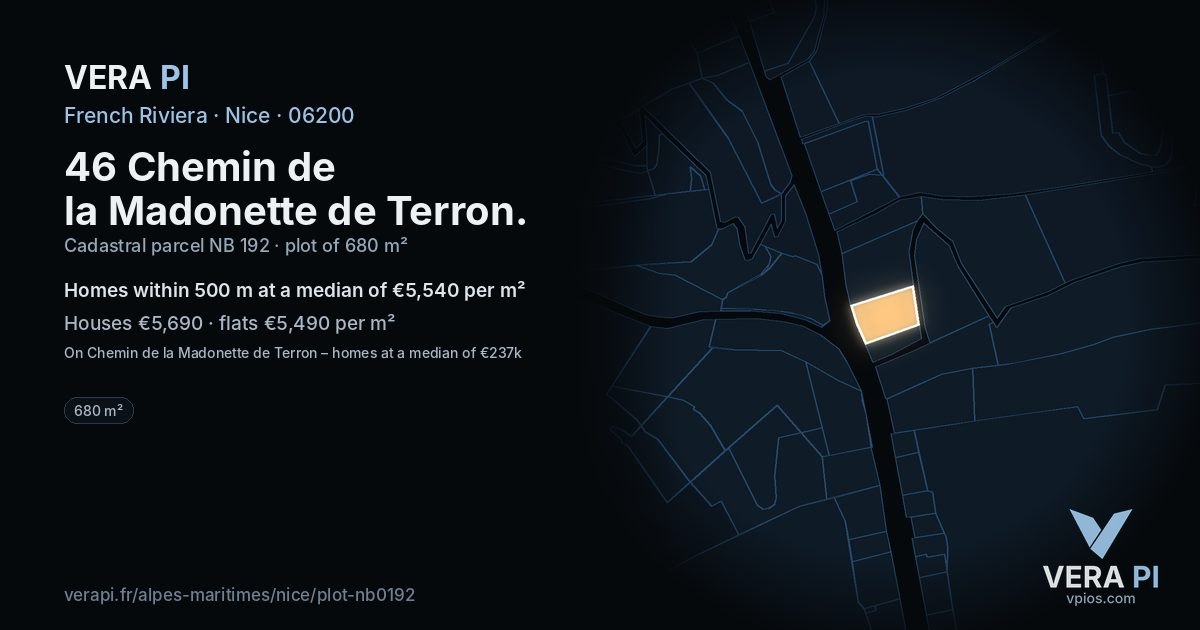 46 Chemin de la Madonette de Terron, Nice at night – the plot lit, the parcels around coloured by the prices near them