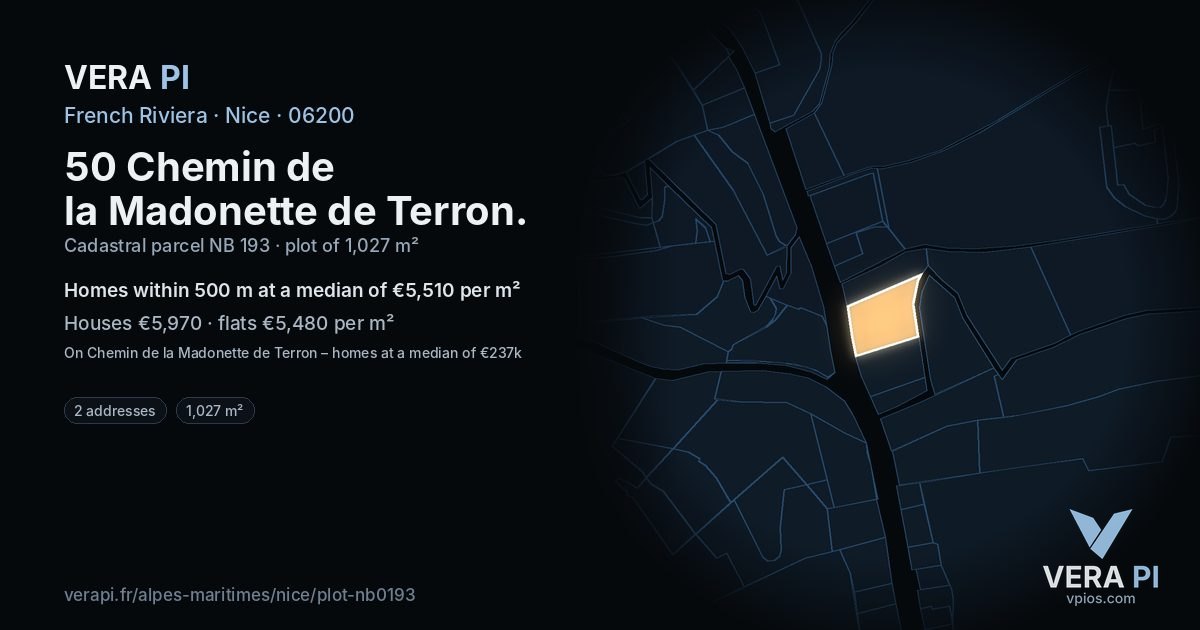 50 Chemin de la Madonette de Terron, Nice at night – the plot lit, the parcels around coloured by the prices near them