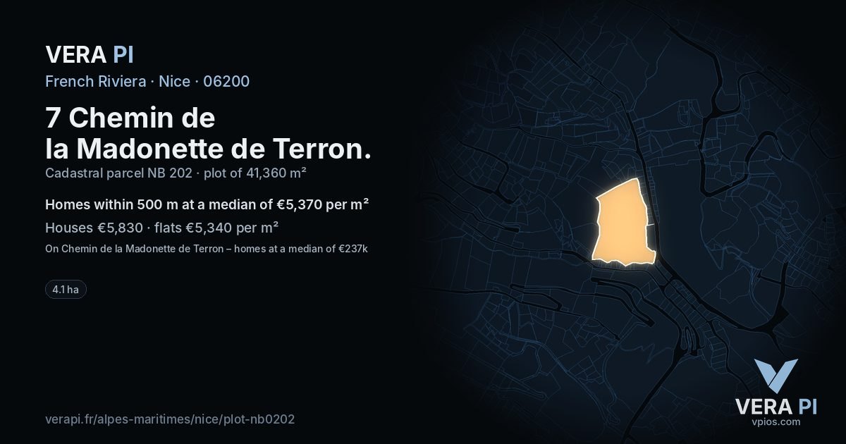 7 Chemin de la Madonette de Terron, Nice at night – the plot lit, the parcels around coloured by the prices near them