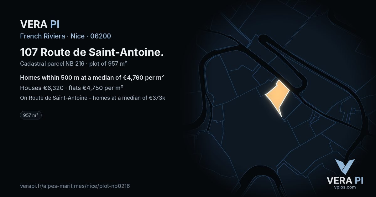 107 Route de Saint-Antoine, Nice at night – the plot lit, the parcels around coloured by the prices near them