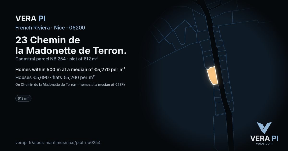 23 Chemin de la Madonette de Terron, Nice at night – the plot lit, the parcels around coloured by the prices near them