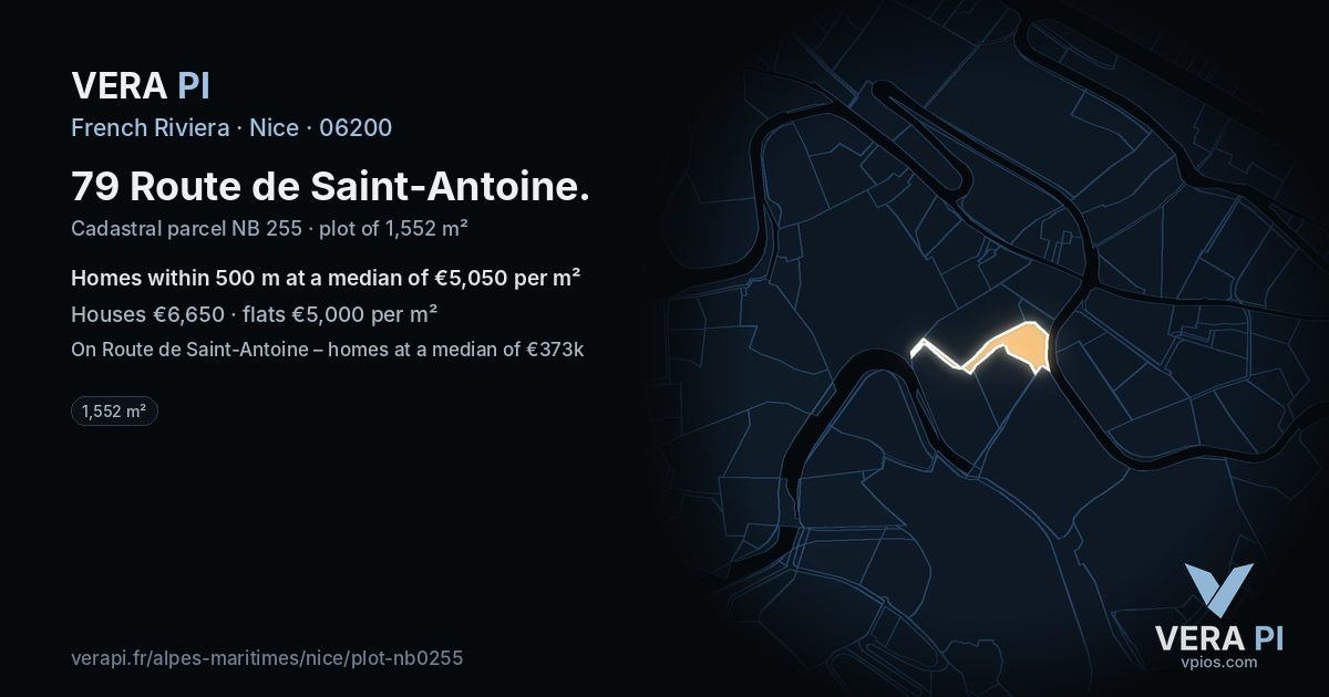 79 Route de Saint-Antoine, Nice at night – the plot lit, the parcels around coloured by the prices near them
