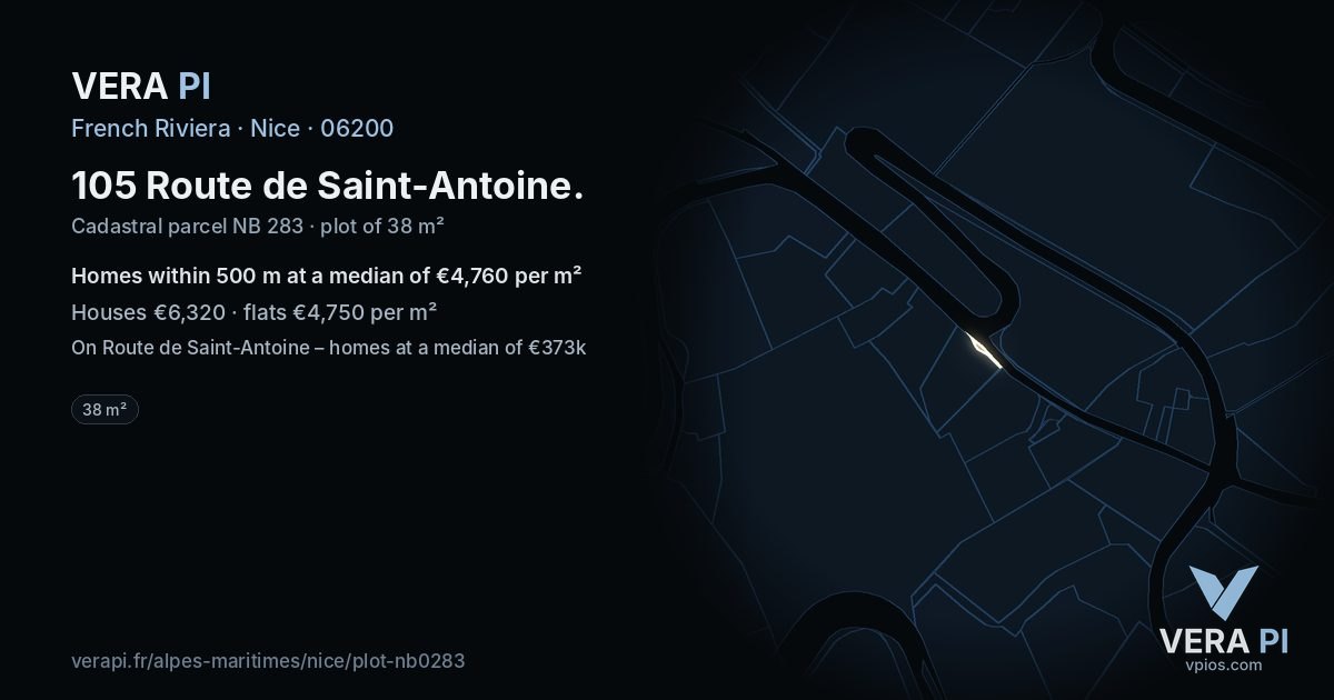 105 Route de Saint-Antoine, Nice at night – the plot lit, the parcels around coloured by the prices near them