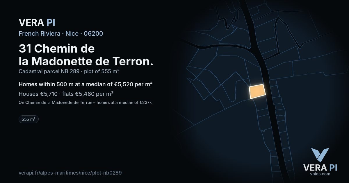 31 Chemin de la Madonette de Terron, Nice at night – the plot lit, the parcels around coloured by the prices near them