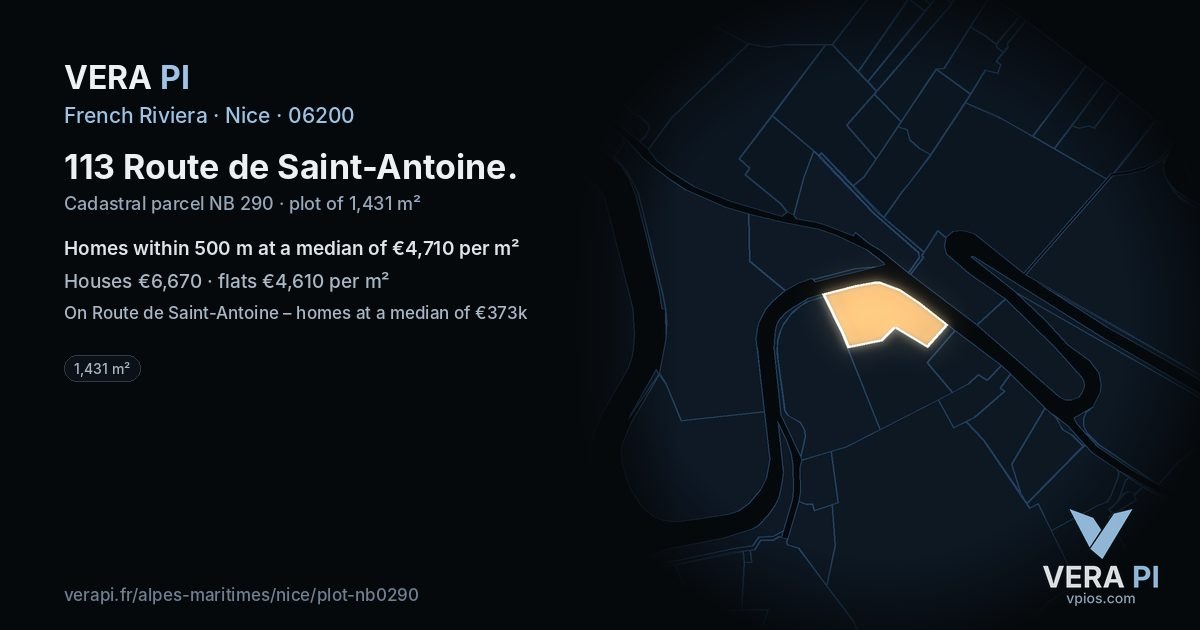 113 Route de Saint-Antoine, Nice at night – the plot lit, the parcels around coloured by the prices near them