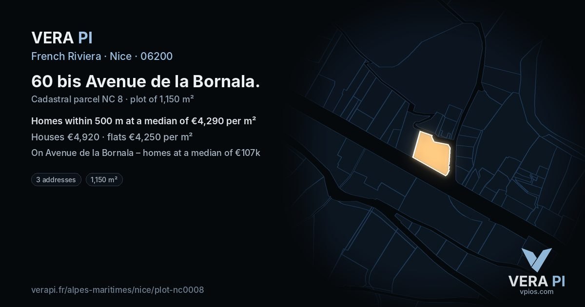 60 bis Avenue de la Bornala, Nice at night – the plot lit, the parcels around coloured by the prices near them