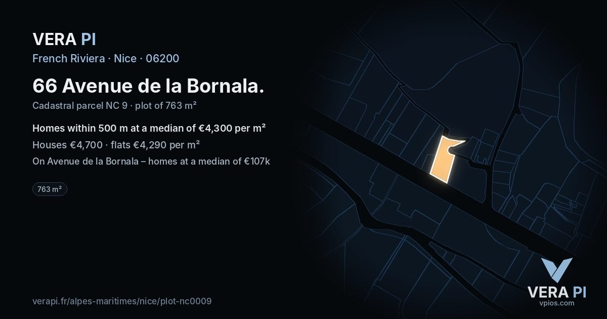 66 Avenue de la Bornala, Nice at night – the plot lit, the parcels around coloured by the prices near them
