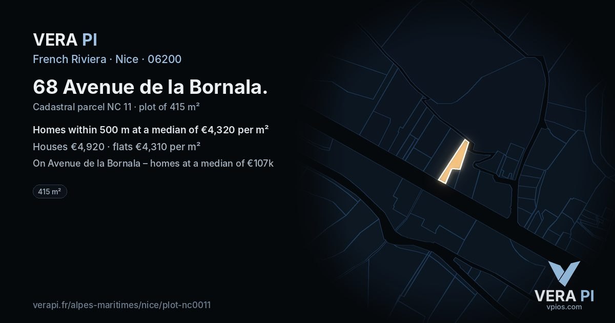 68 Avenue de la Bornala, Nice at night – the plot lit, the parcels around coloured by the prices near them