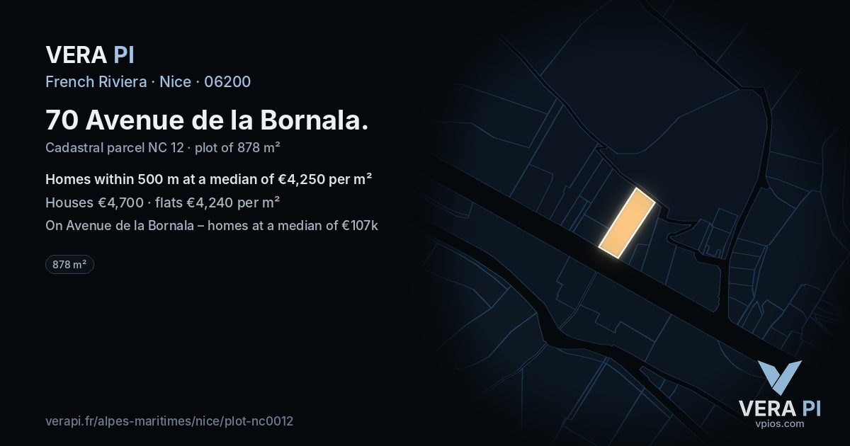 70 Avenue de la Bornala, Nice at night – the plot lit, the parcels around coloured by the prices near them