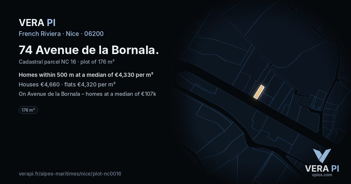 74 Avenue de la Bornala, Nice at night – the plot lit, the parcels around coloured by the prices near them
