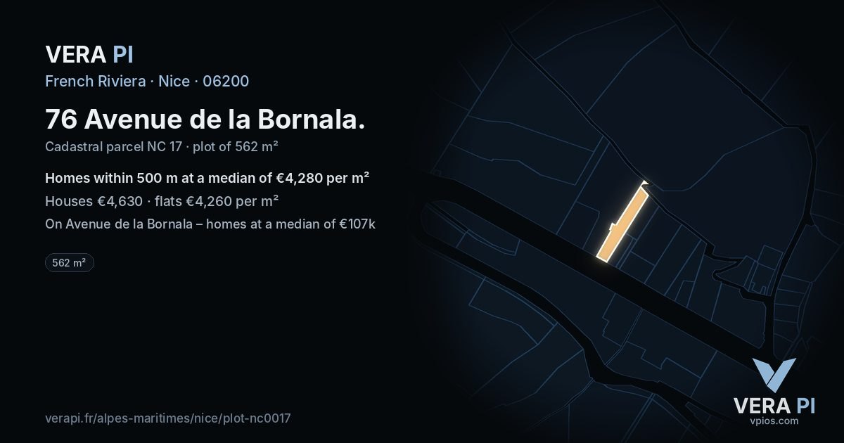 76 Avenue de la Bornala, Nice at night – the plot lit, the parcels around coloured by the prices near them