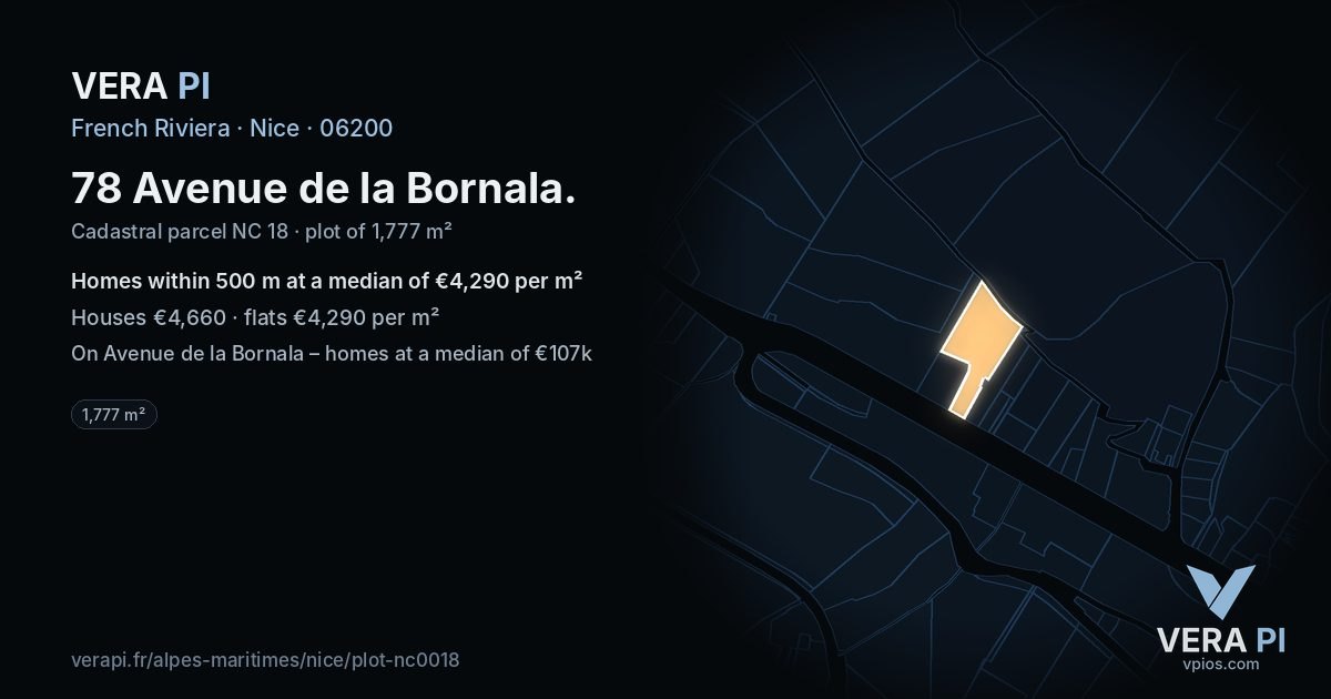 78 Avenue de la Bornala, Nice at night – the plot lit, the parcels around coloured by the prices near them