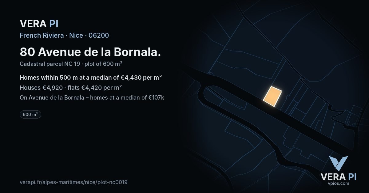 80 Avenue de la Bornala, Nice at night – the plot lit, the parcels around coloured by the prices near them