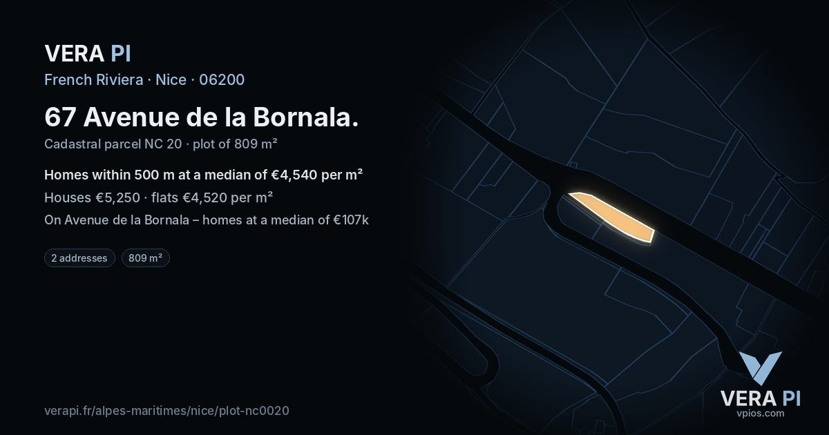 67 Avenue de la Bornala, Nice at night – the plot lit, the parcels around coloured by the prices near them