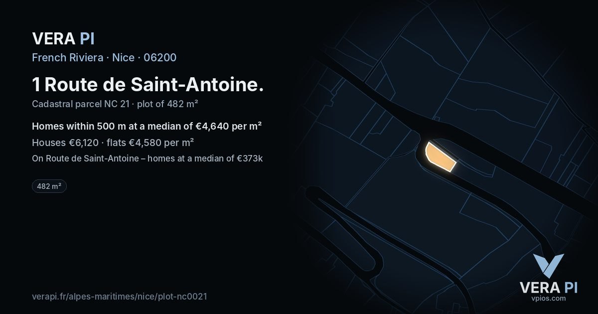 1 Route de Saint-Antoine, Nice at night – the plot lit, the parcels around coloured by the prices near them