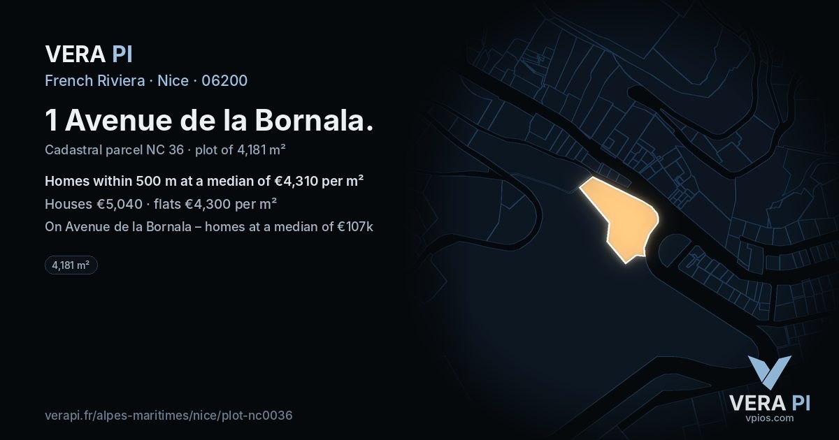 1 Avenue de la Bornala, Nice at night – the plot lit, the parcels around coloured by the prices near them