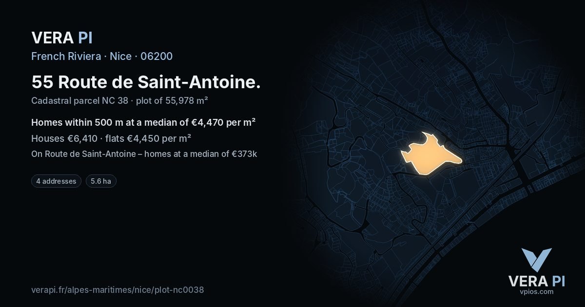 55 Route de Saint-Antoine, Nice at night – the plot lit, the parcels around coloured by the prices near them