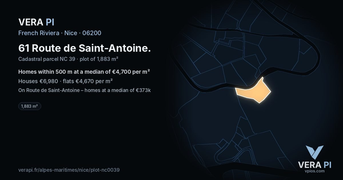 61 Route de Saint-Antoine, Nice at night – the plot lit, the parcels around coloured by the prices near them