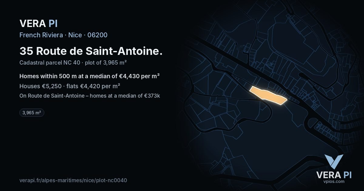35 Route de Saint-Antoine, Nice at night – the plot lit, the parcels around coloured by the prices near them