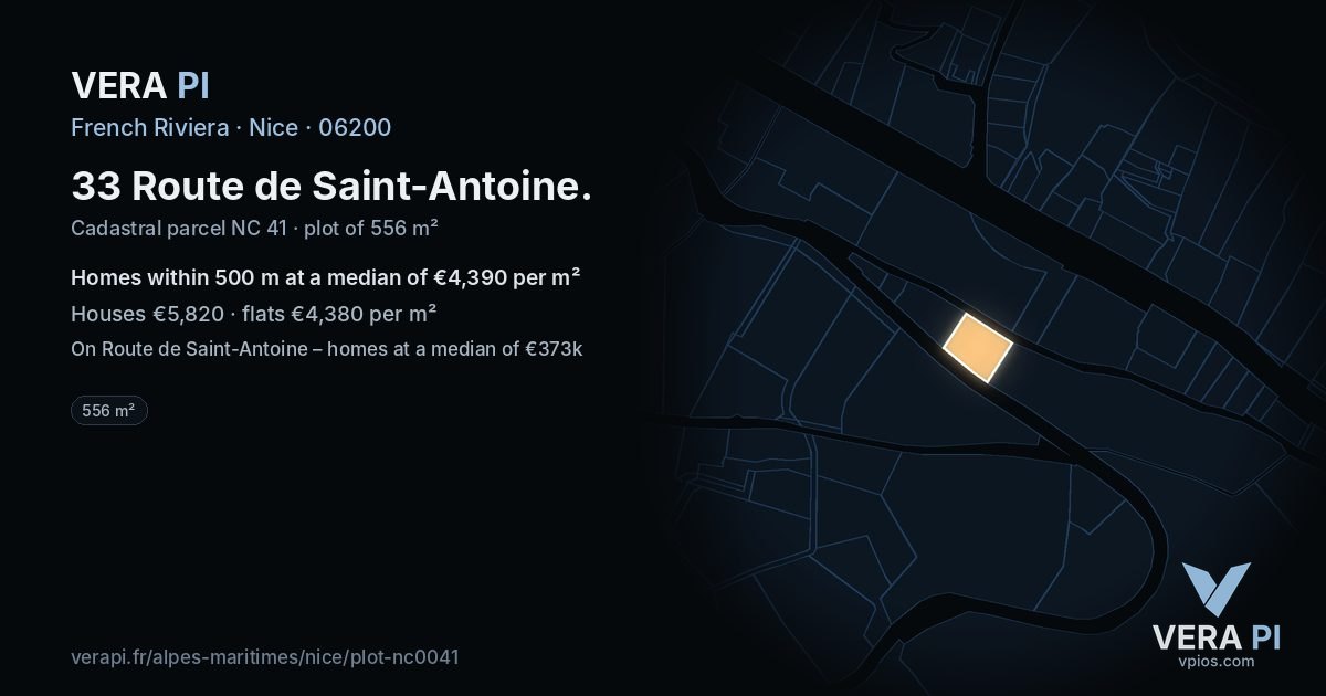 33 Route de Saint-Antoine, Nice at night – the plot lit, the parcels around coloured by the prices near them