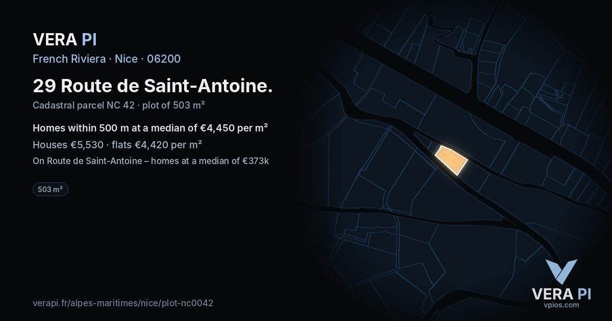 29 Route de Saint-Antoine, Nice at night – the plot lit, the parcels around coloured by the prices near them