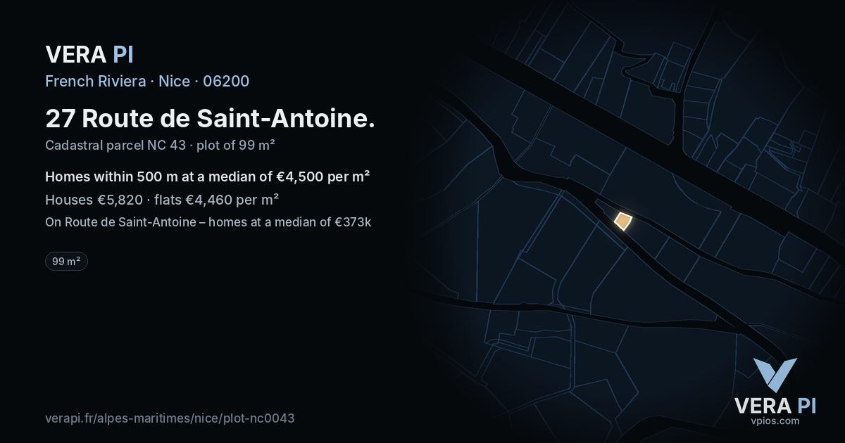 27 Route de Saint-Antoine, Nice at night – the plot lit, the parcels around coloured by the prices near them