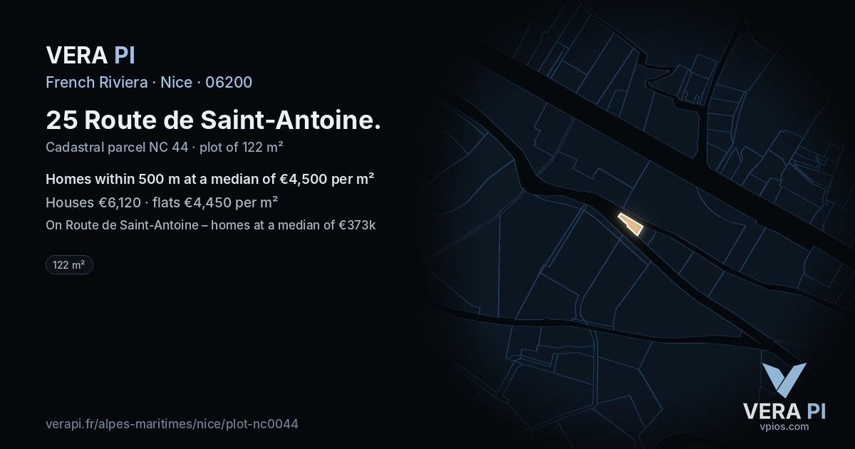 25 Route de Saint-Antoine, Nice at night – the plot lit, the parcels around coloured by the prices near them