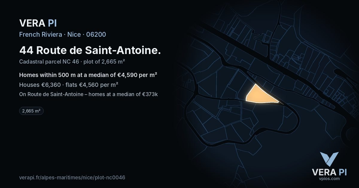 44 Route de Saint-Antoine, Nice at night – the plot lit, the parcels around coloured by the prices near them