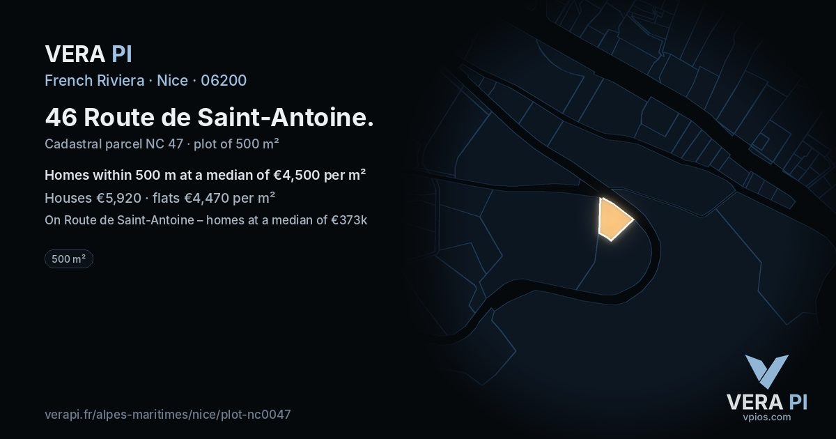 46 Route de Saint-Antoine, Nice at night – the plot lit, the parcels around coloured by the prices near them
