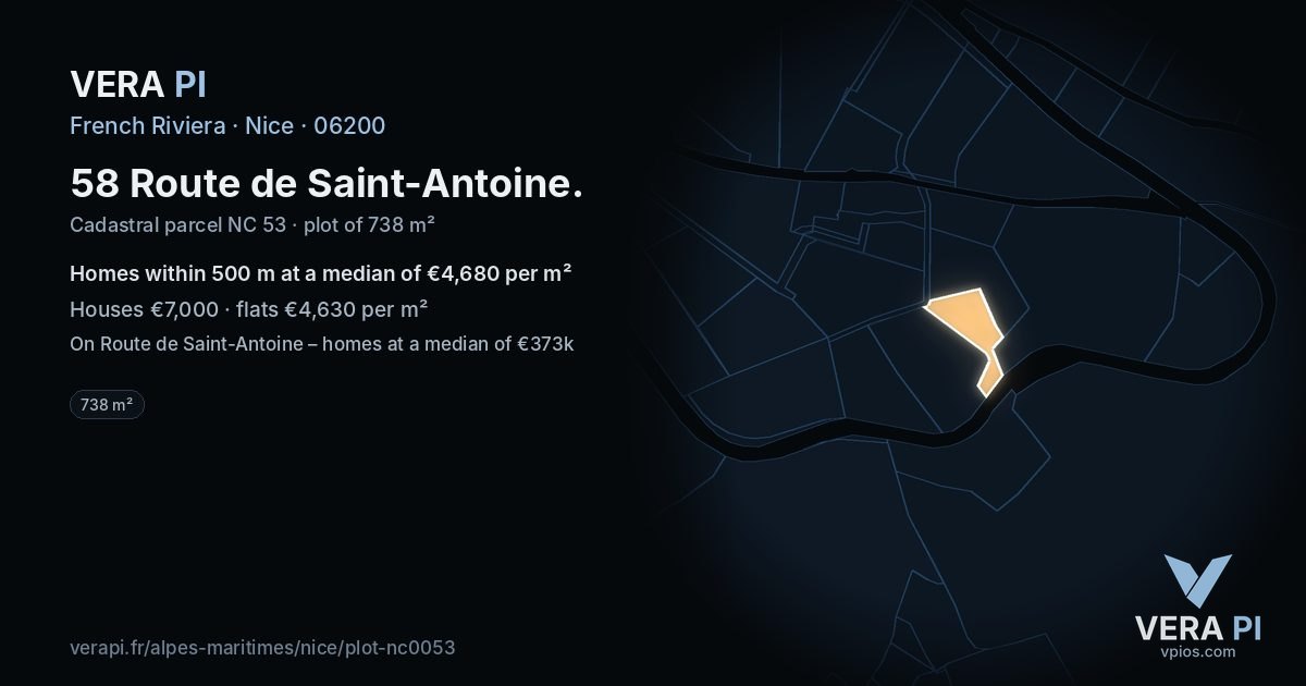 58 Route de Saint-Antoine, Nice at night – the plot lit, the parcels around coloured by the prices near them