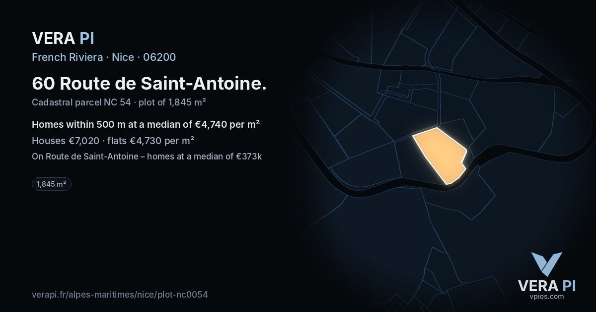60 Route de Saint-Antoine, Nice at night – the plot lit, the parcels around coloured by the prices near them