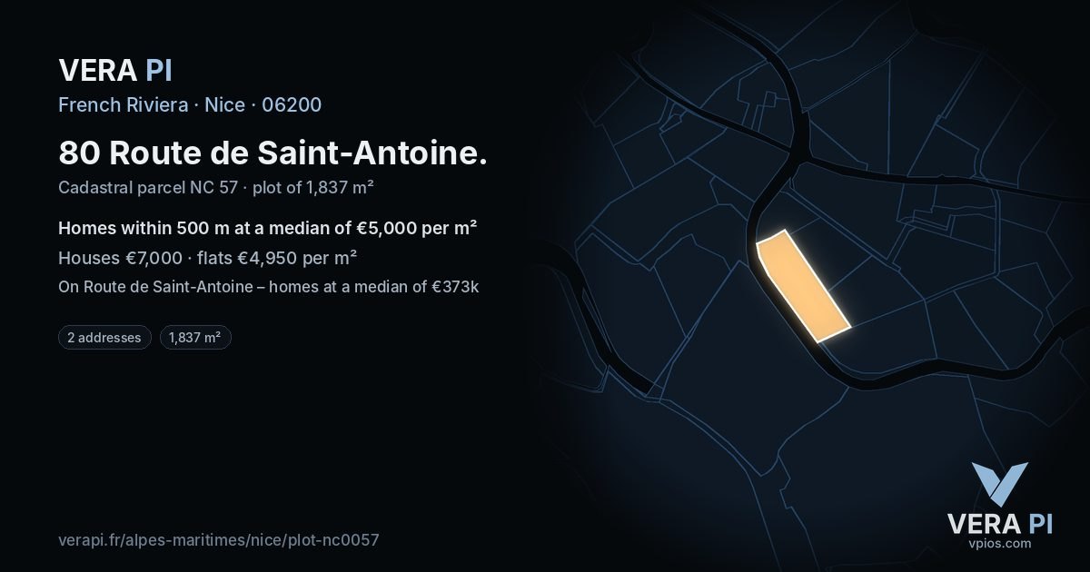 80 Route de Saint-Antoine, Nice at night – the plot lit, the parcels around coloured by the prices near them