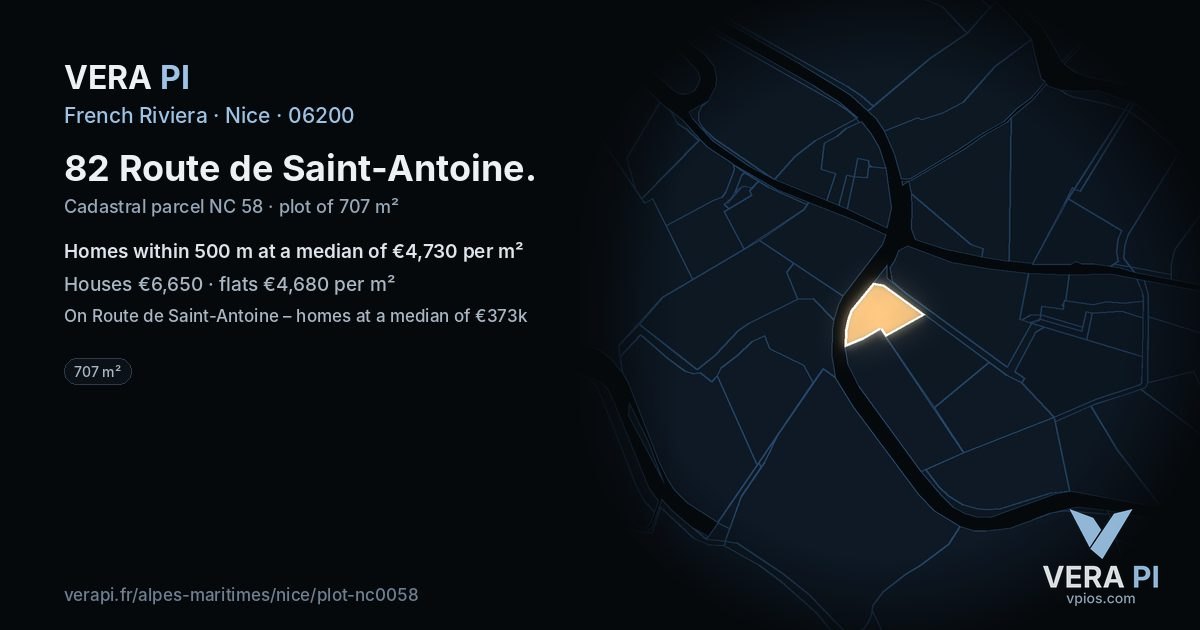 82 Route de Saint-Antoine, Nice at night – the plot lit, the parcels around coloured by the prices near them