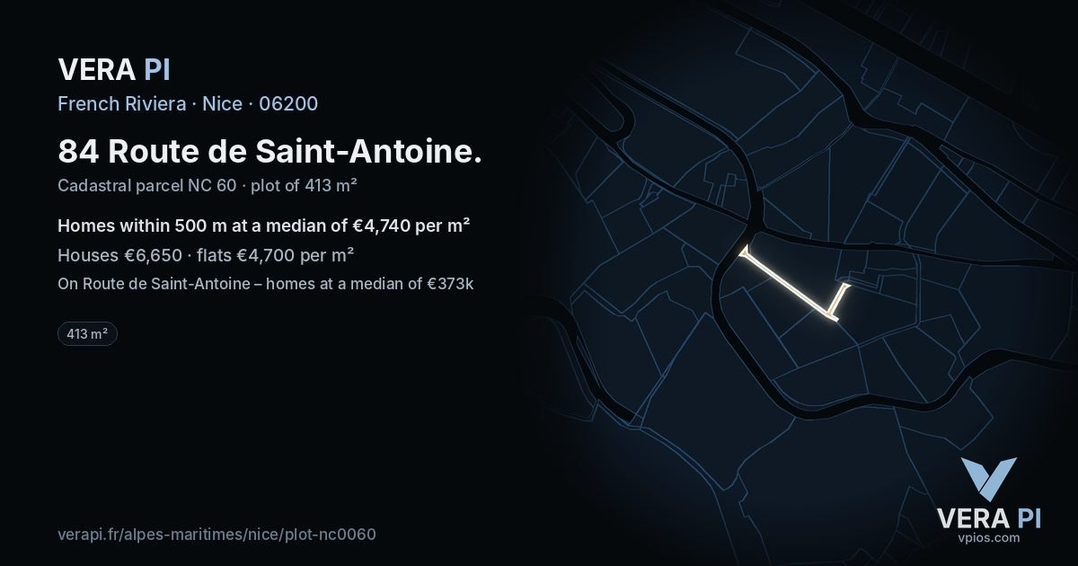 84 Route de Saint-Antoine, Nice at night – the plot lit, the parcels around coloured by the prices near them