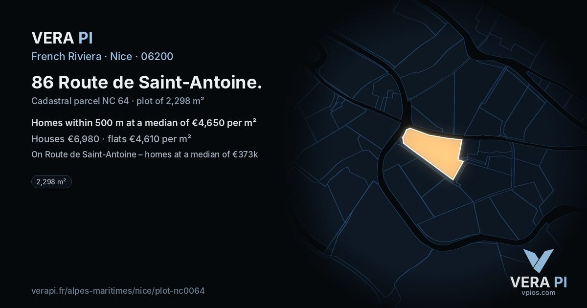 86 Route de Saint-Antoine, Nice at night – the plot lit, the parcels around coloured by the prices near them